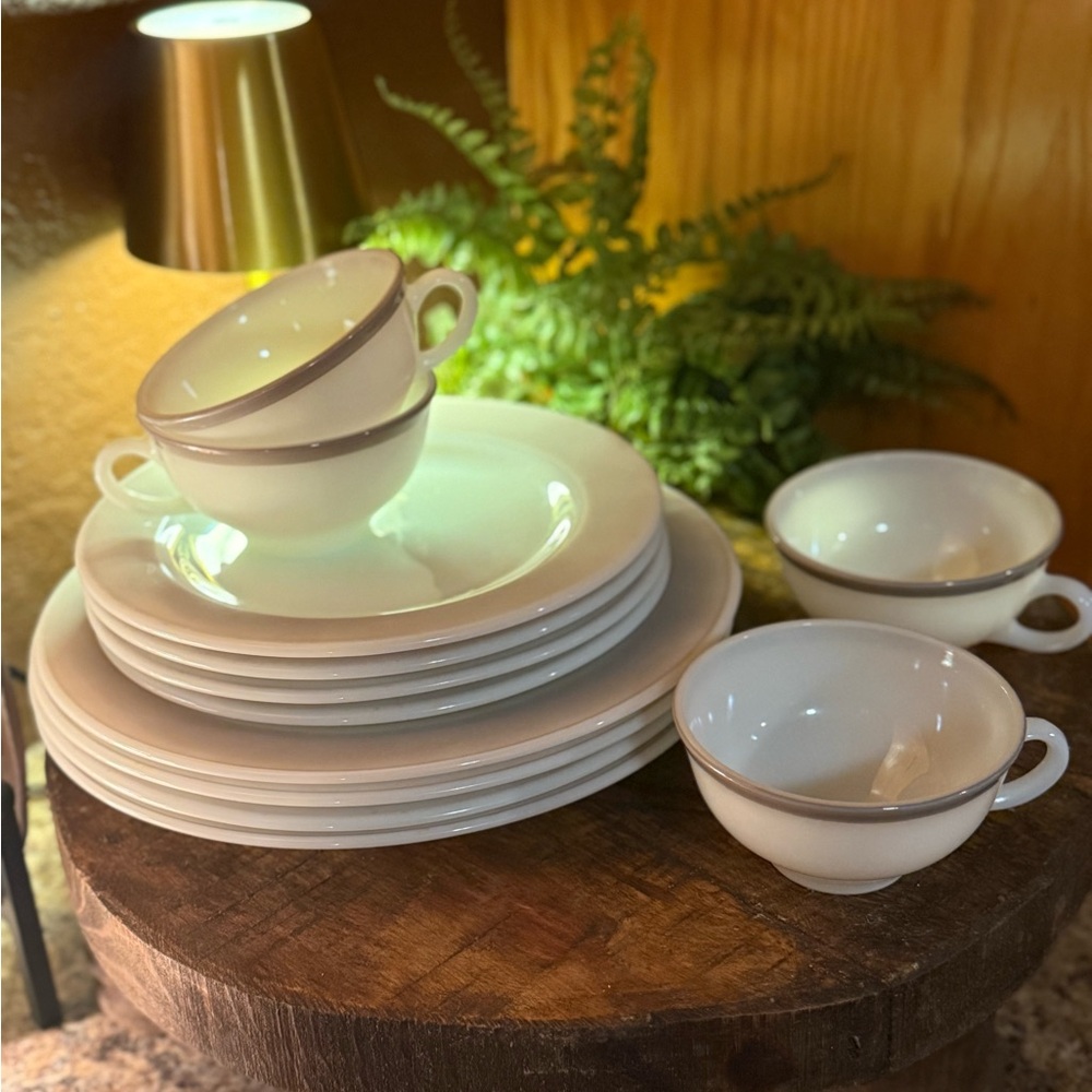Pyrex Vintage White Milk Glass and Gray Dinnerware Set